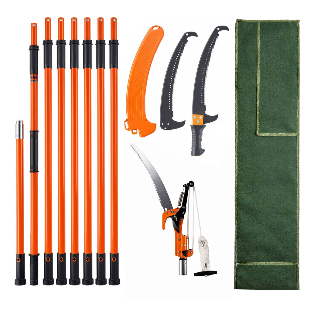 Extendable manual pole saw with pruning head, orange poles, and green storage bag