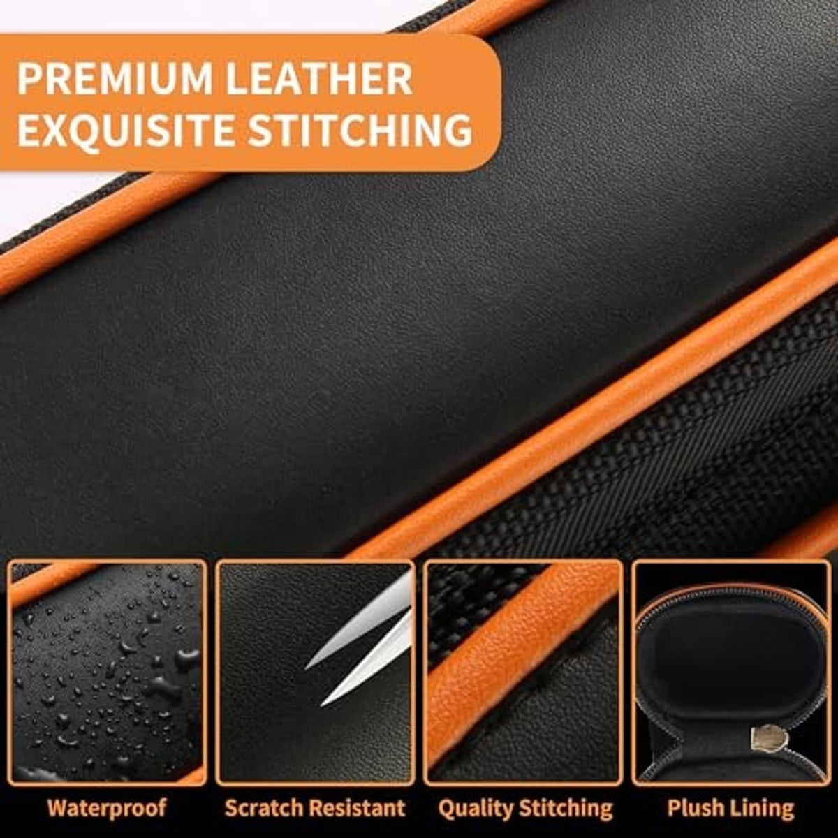 Close-up of hard pool cue case material: black finish with orange stitched edging and seam details