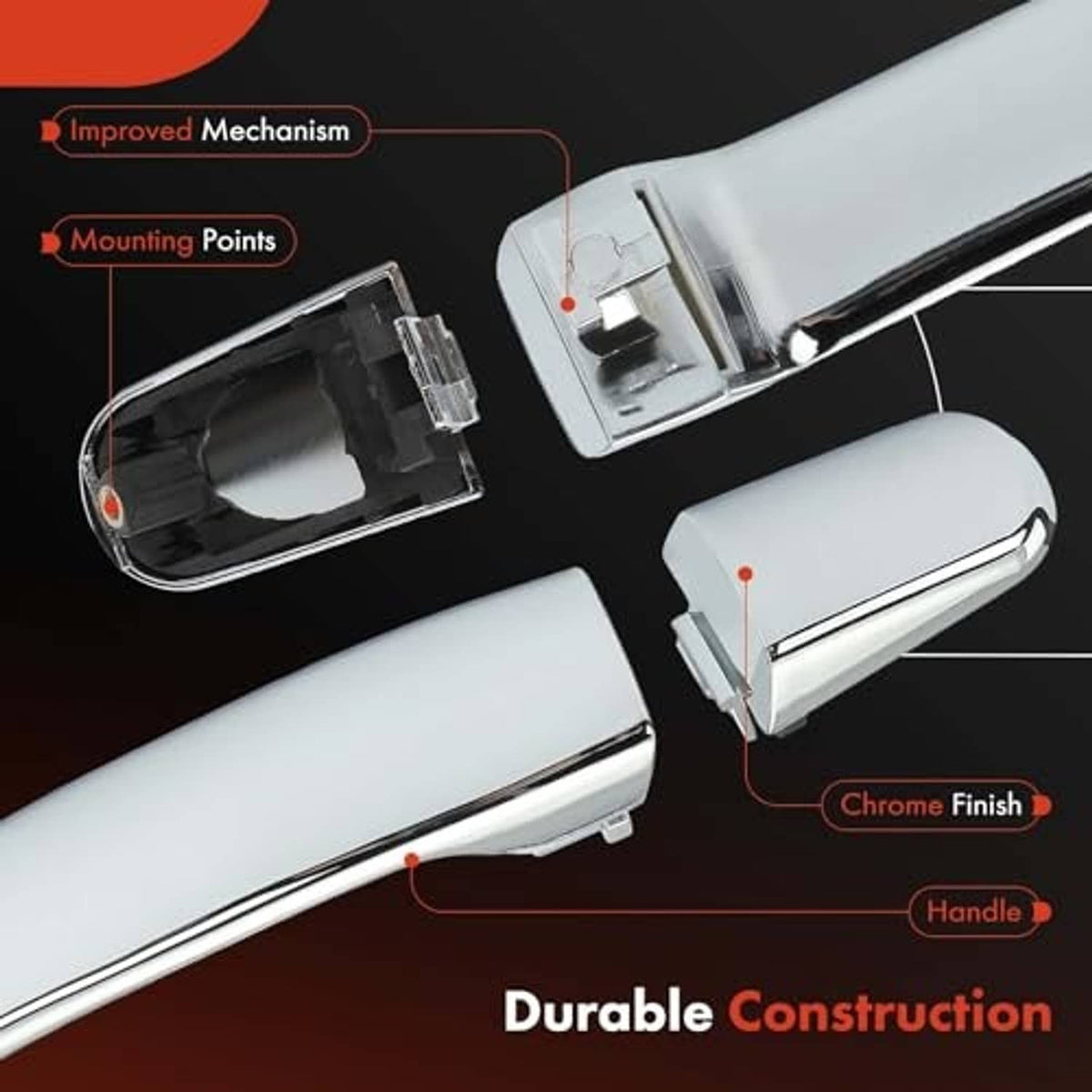 Chrome exterior door handle with internal mounting components