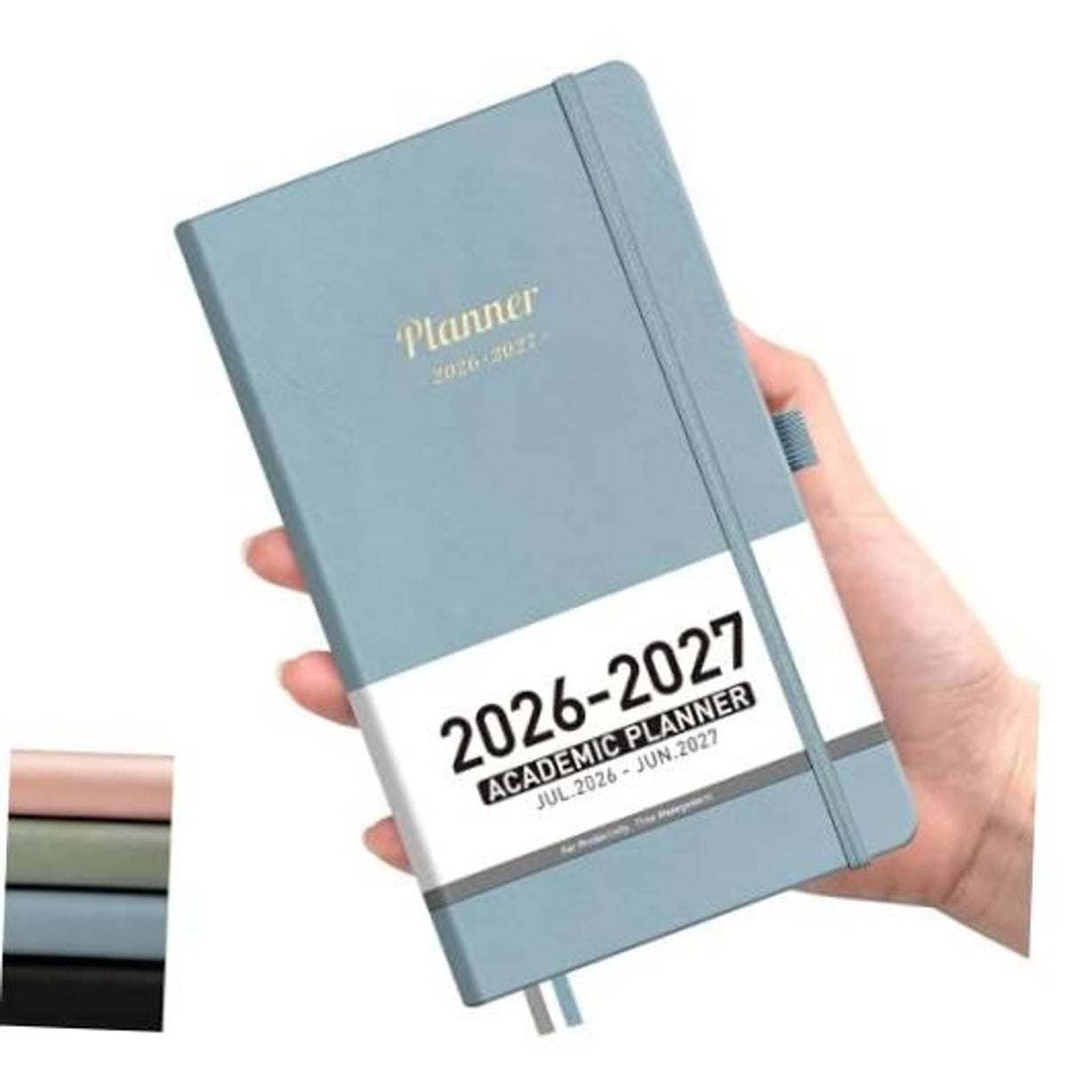 Gray-blue pocket planner calendar with gold “Planner” title and “2026–2027 Academic Planner”