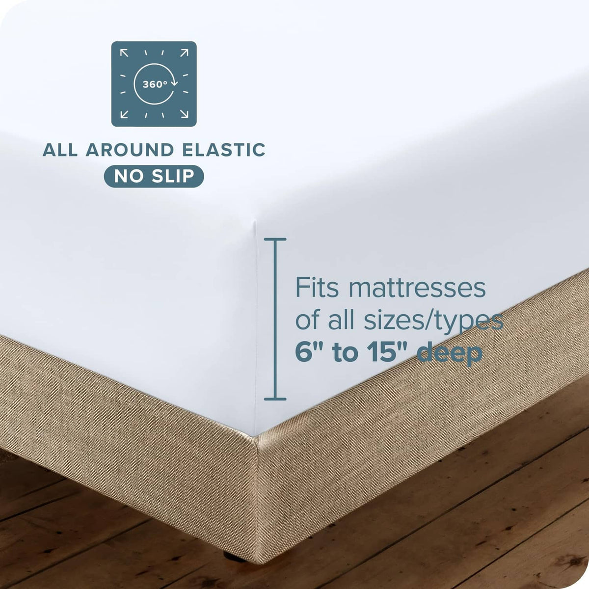 White fitted sheet corner with elastic skirt over a mattress base