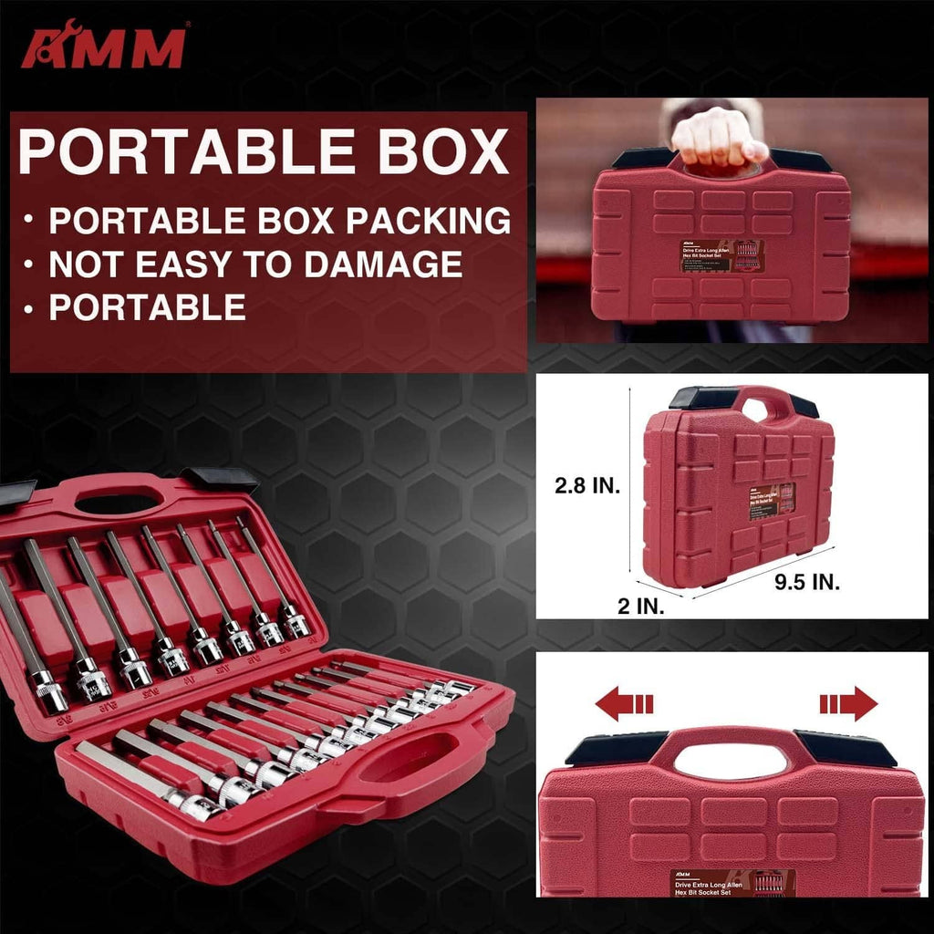 Red portable tool box with open tray holding chrome hex sockets and extensions.