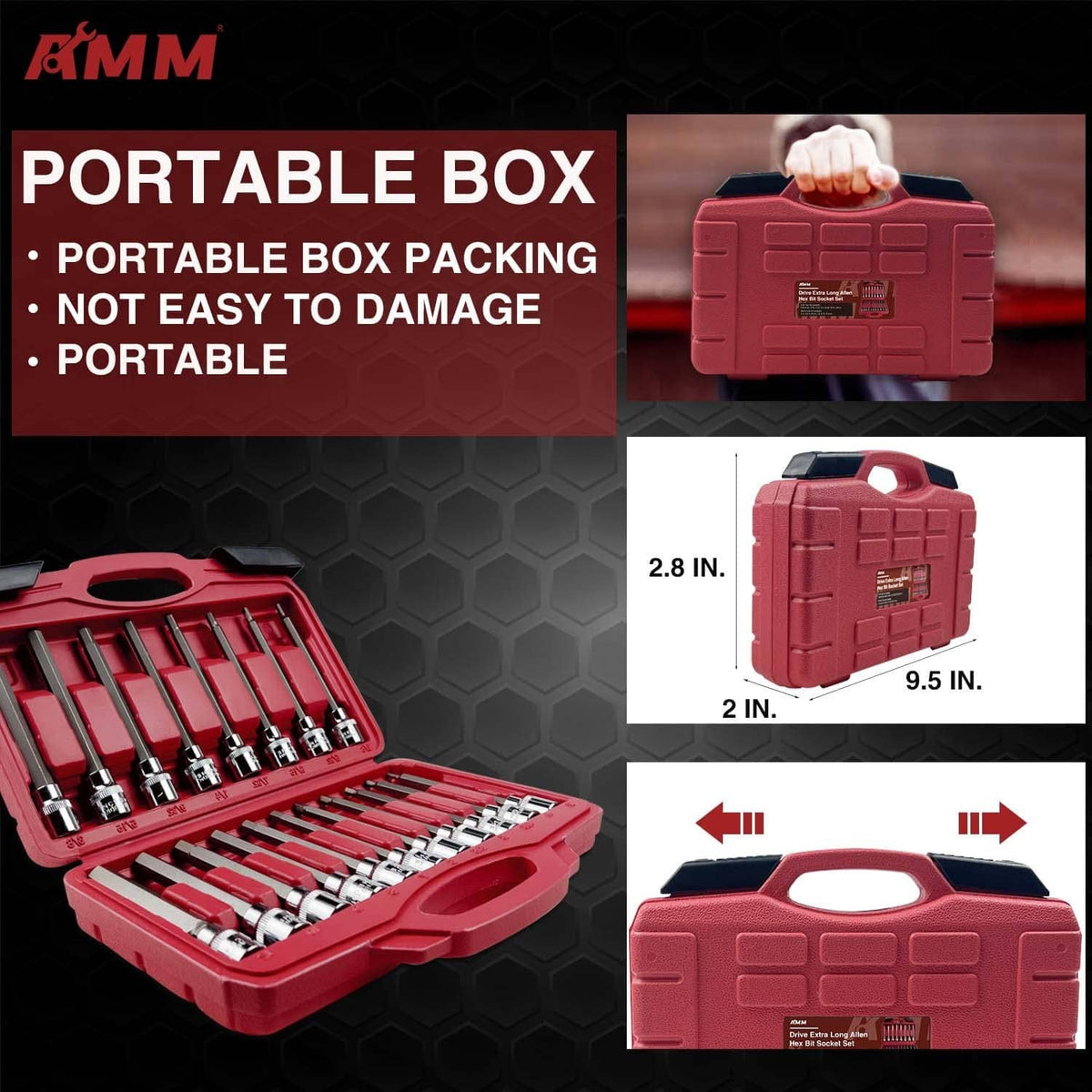 Red portable tool box with open tray holding chrome hex sockets and extensions.