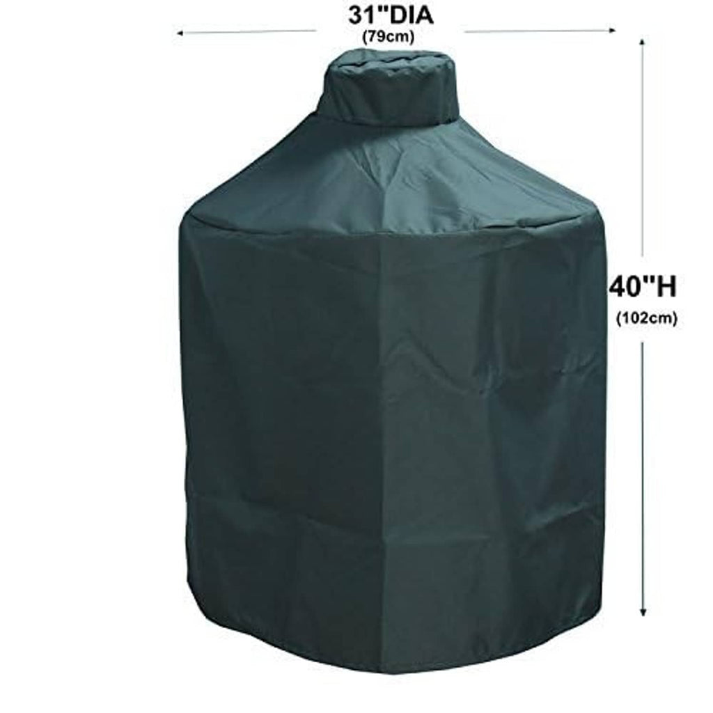 Mini grill cover with hood, dark teal fabric; shows 31in dia and 40in height