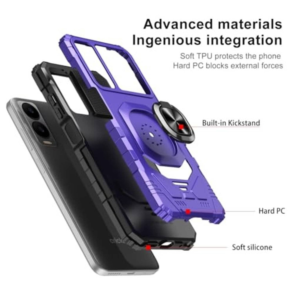 Purple rugged dual-layer phone case with side buttons, textured back, and built-in kickstand