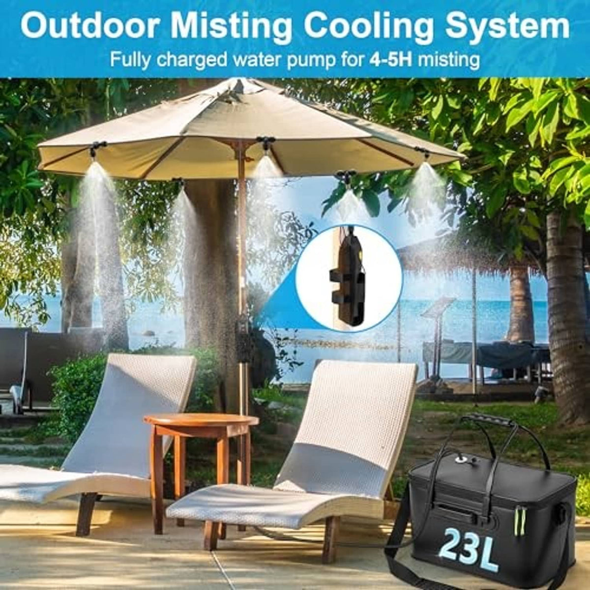 Outdoor misting cooling system with bucket and hoses spraying water beneath patio umbrella