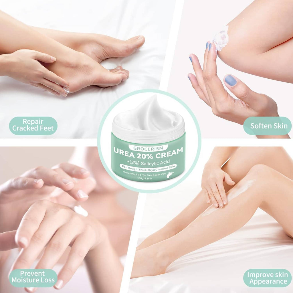 Urea cream jar with white cap, shown with hands applying cream to feet.