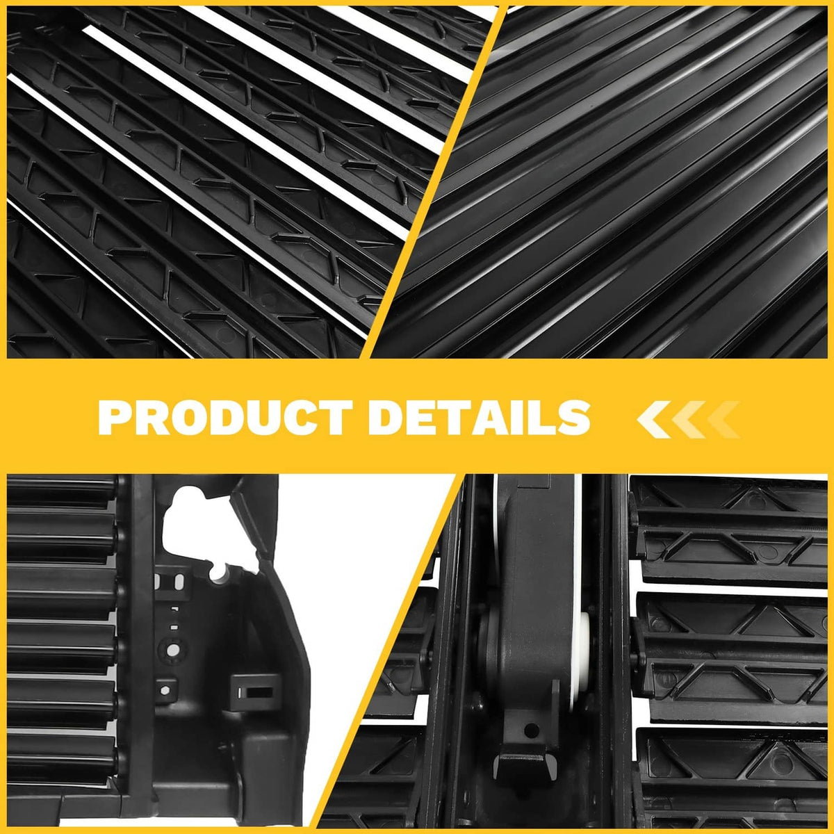 Close-up of black active grille shutter slats and internal mounting components