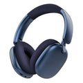 Blue over-ear wireless headphones with padded ear cups and adjustable headband