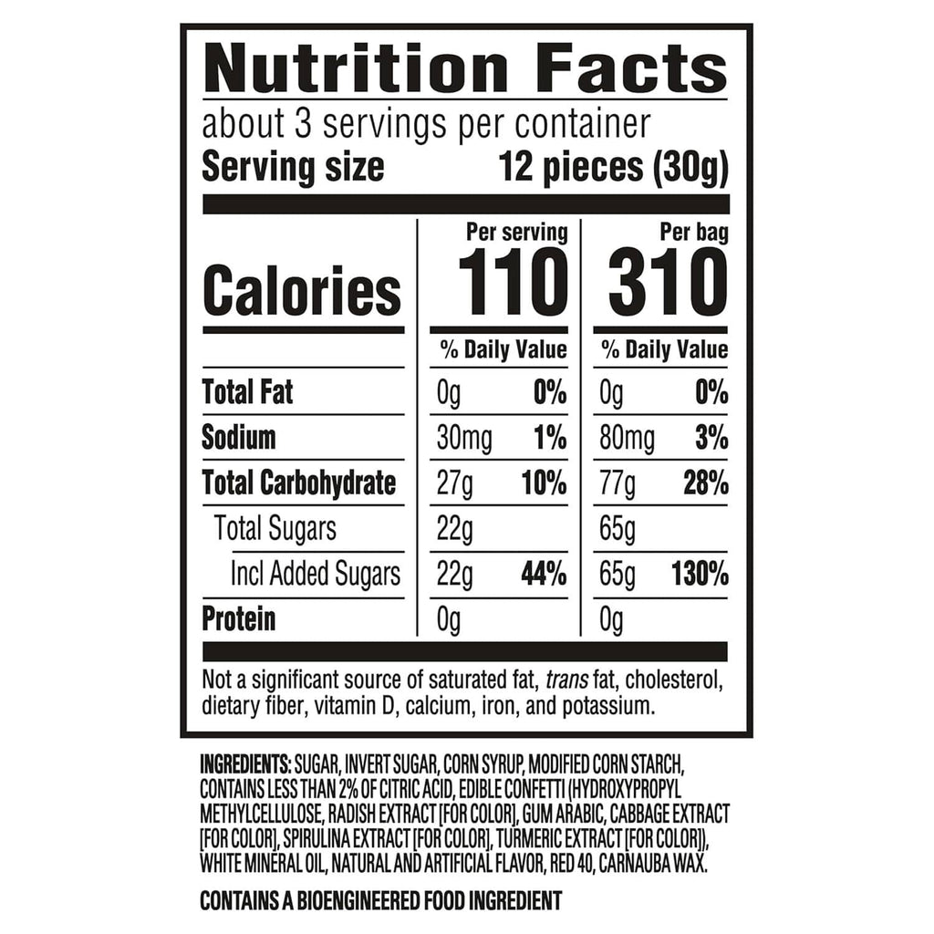 Nutrition Facts panel for Swedish Fish mini gummy candy, calories and nutrient amounts