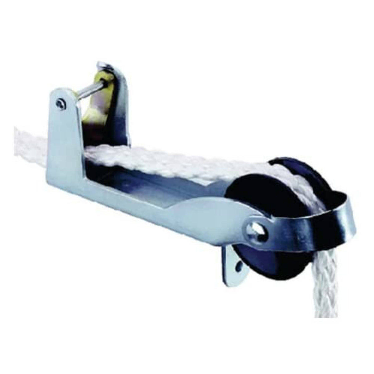Compact anchor line lift-and-lock control with rope strap and black pulley wheel