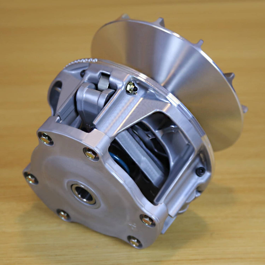 Silver primary drive clutch kit with fan-style outer cover and belt drive details