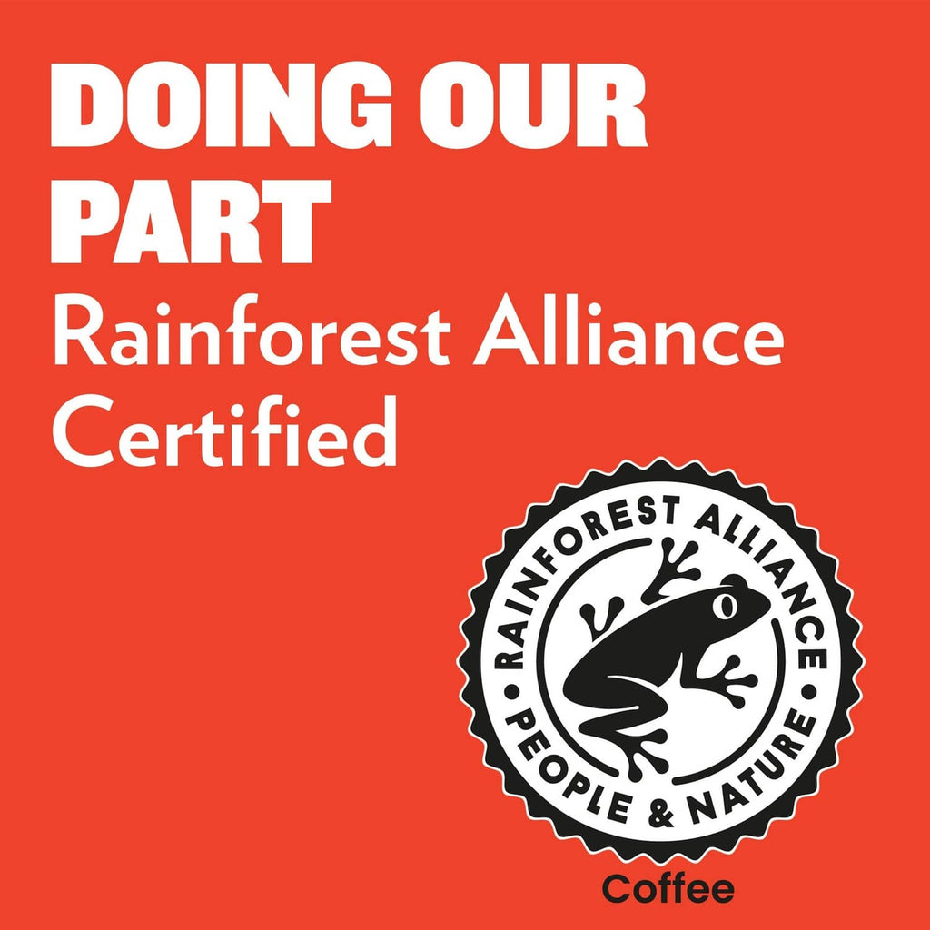 Rainforest Alliance Certified badge on coffee packaging 'Doing our part'