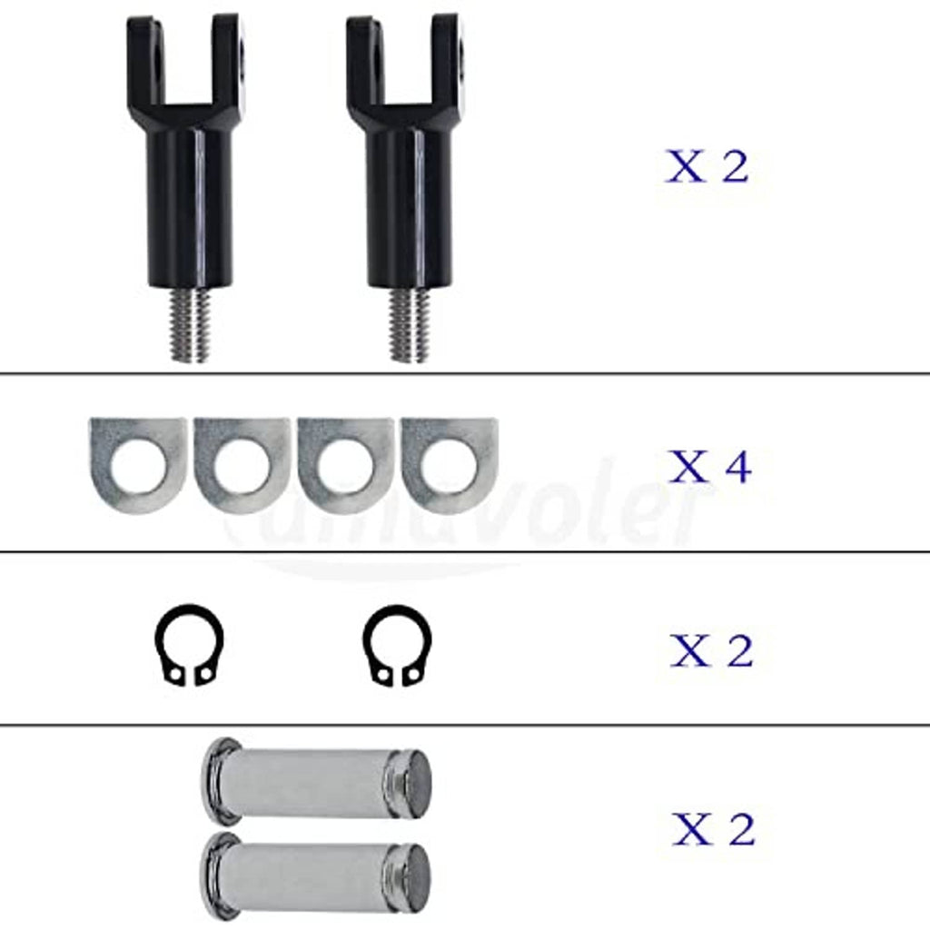 Hardware kit: black clevis mounts, steel washers, clips, and two spacers