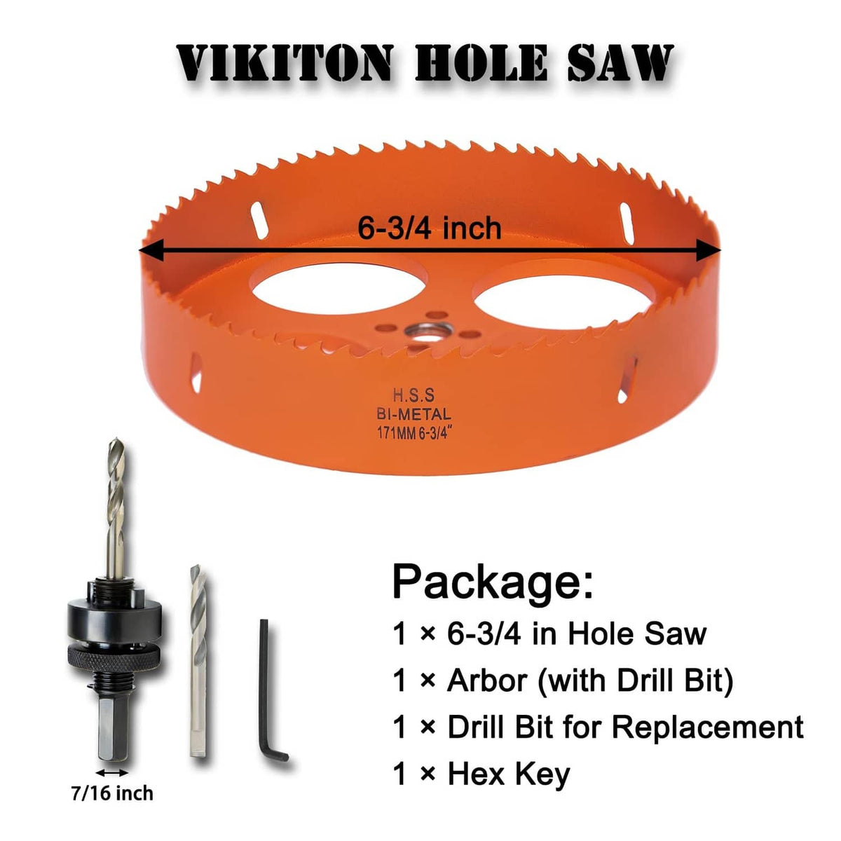 Orange 6-3/4 in hole saw with arbor, drill bit, hex key, and replacement parts