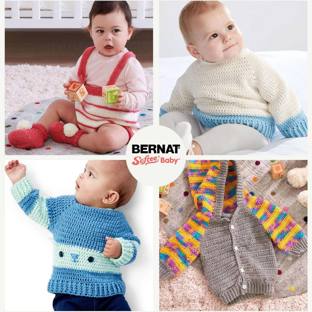Four baby outfit photos: striped and solid knit garments in cream, red, and blue