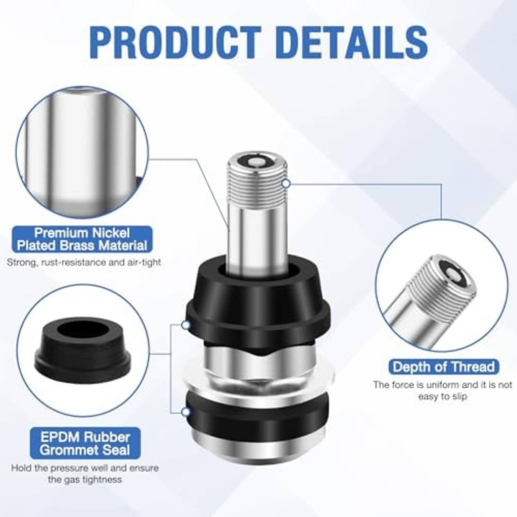 Metal valve stem with silver finish, black rubber grommet seal, and threaded top