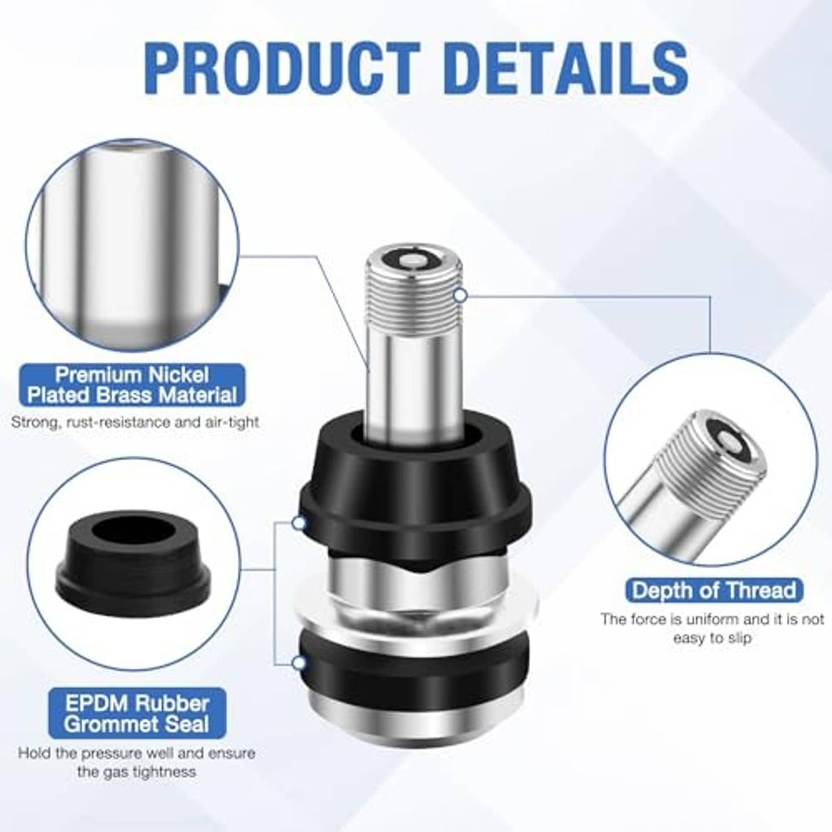 Metal valve stem with silver finish, black rubber grommet seal, and threaded top
