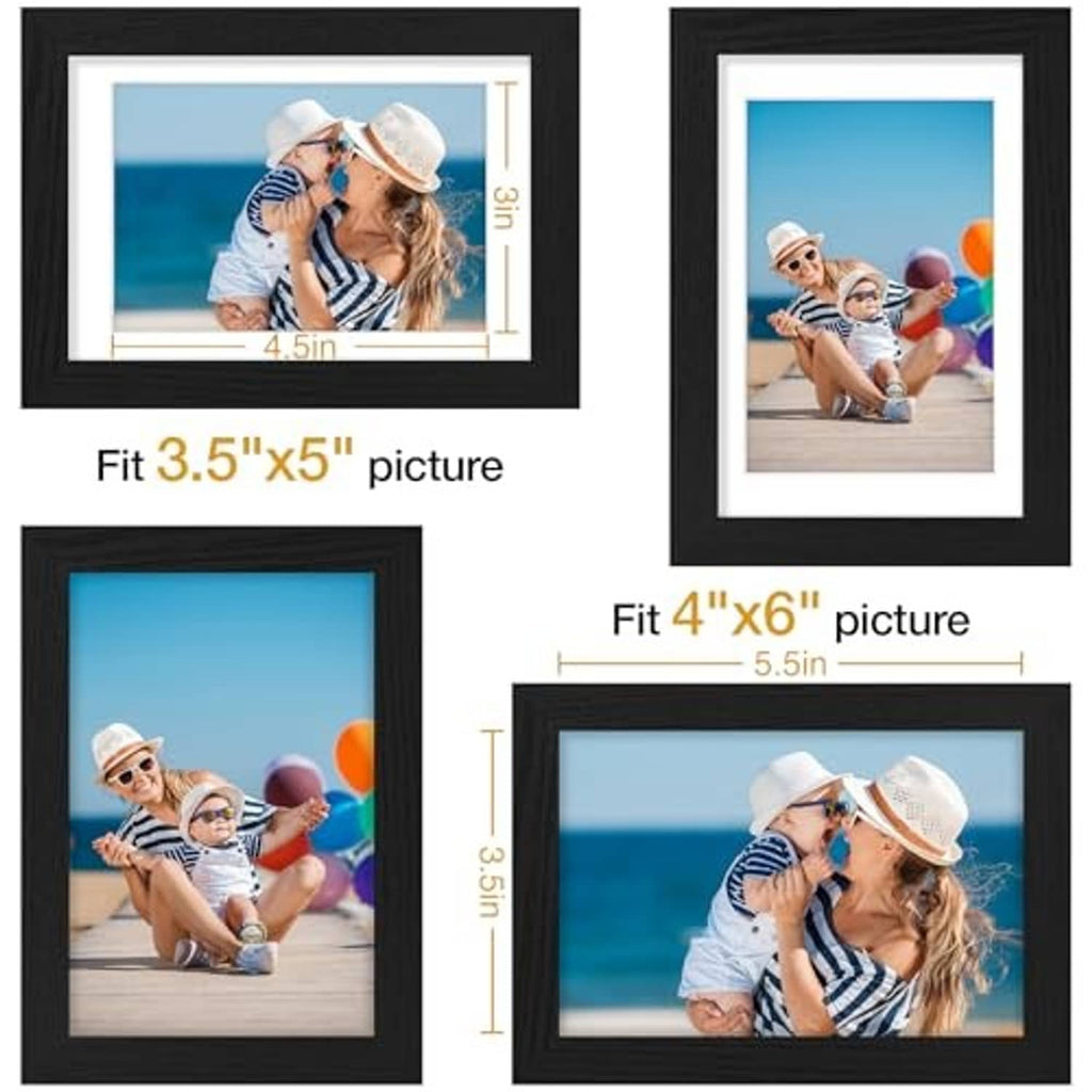 Black picture frame set with size guides for 3.5x5 and 4x6 photos with mats