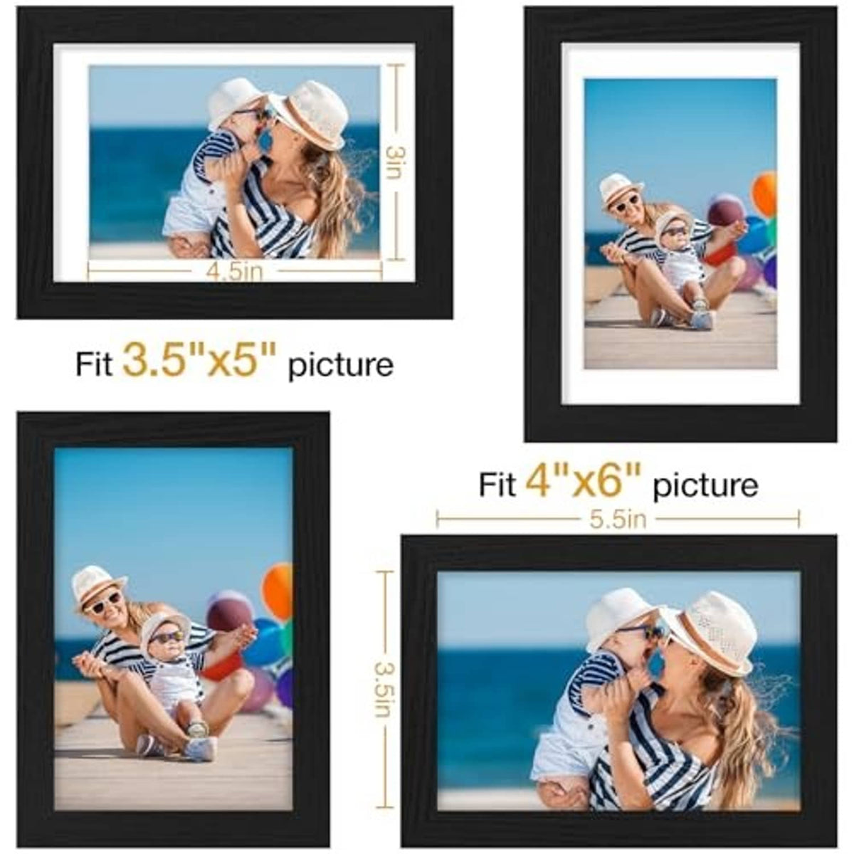 Black picture frame set with size guides for 3.5x5 and 4x6 photos with mats