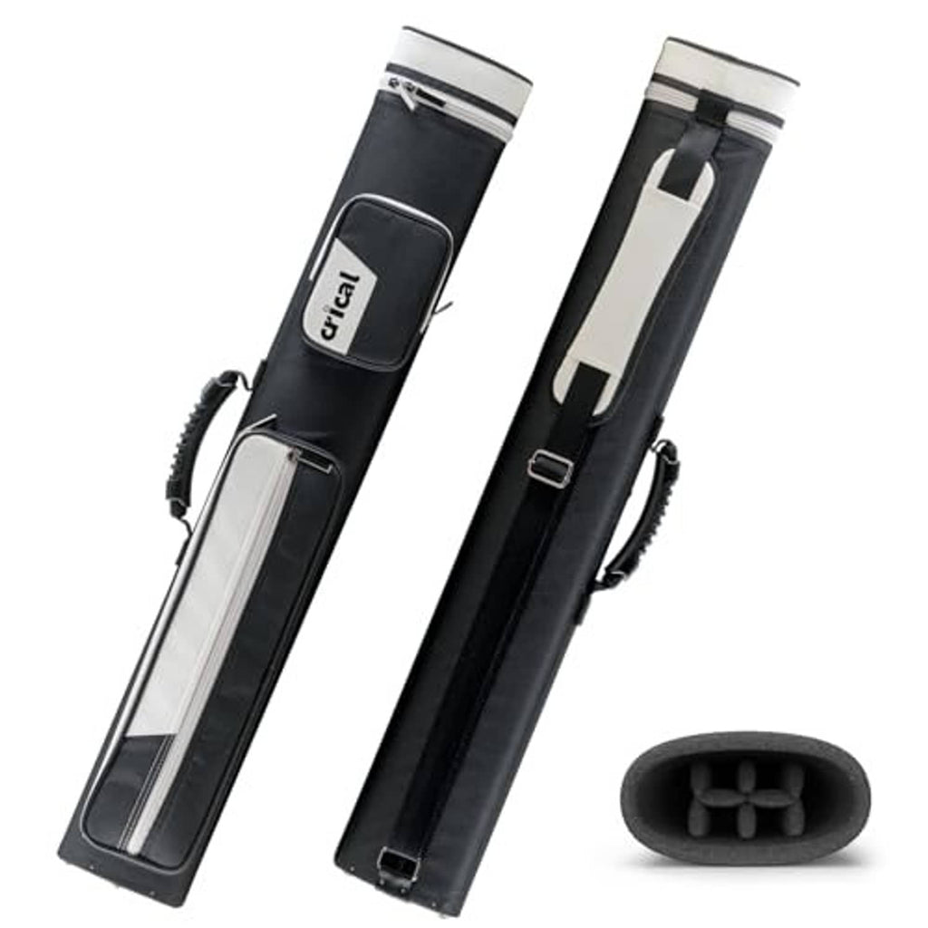 Black 2x4 pool cue case with white accents, clasps, and side handle