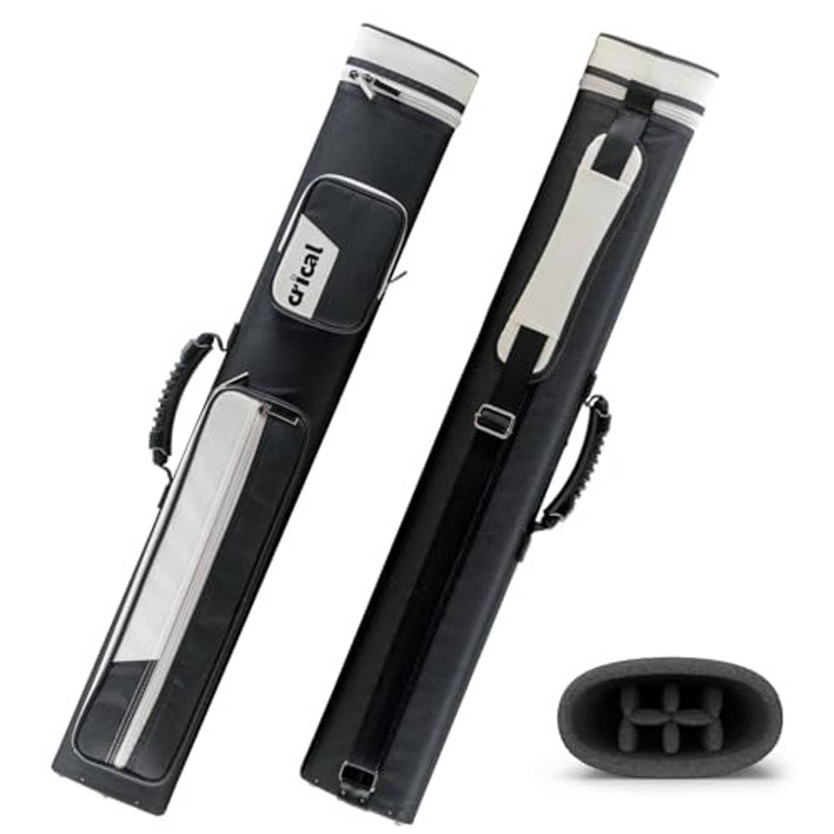 Black 2x4 pool cue case with white accents, clasps, and side handle