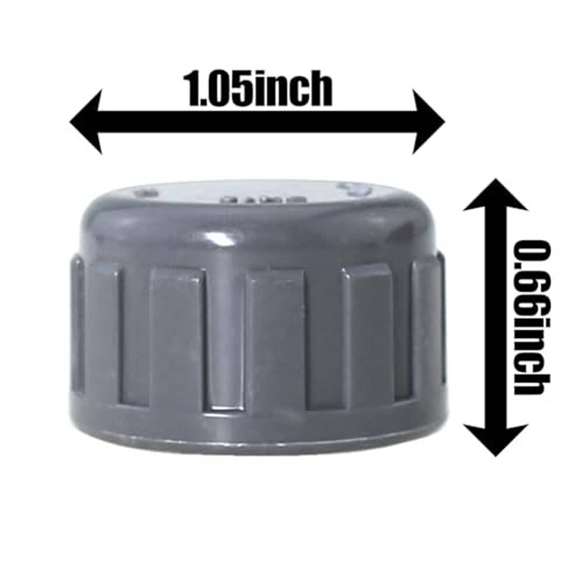 Grey PVC threaded cap plug adapter with size marks: 1.05 in wide, 0.6 in high
