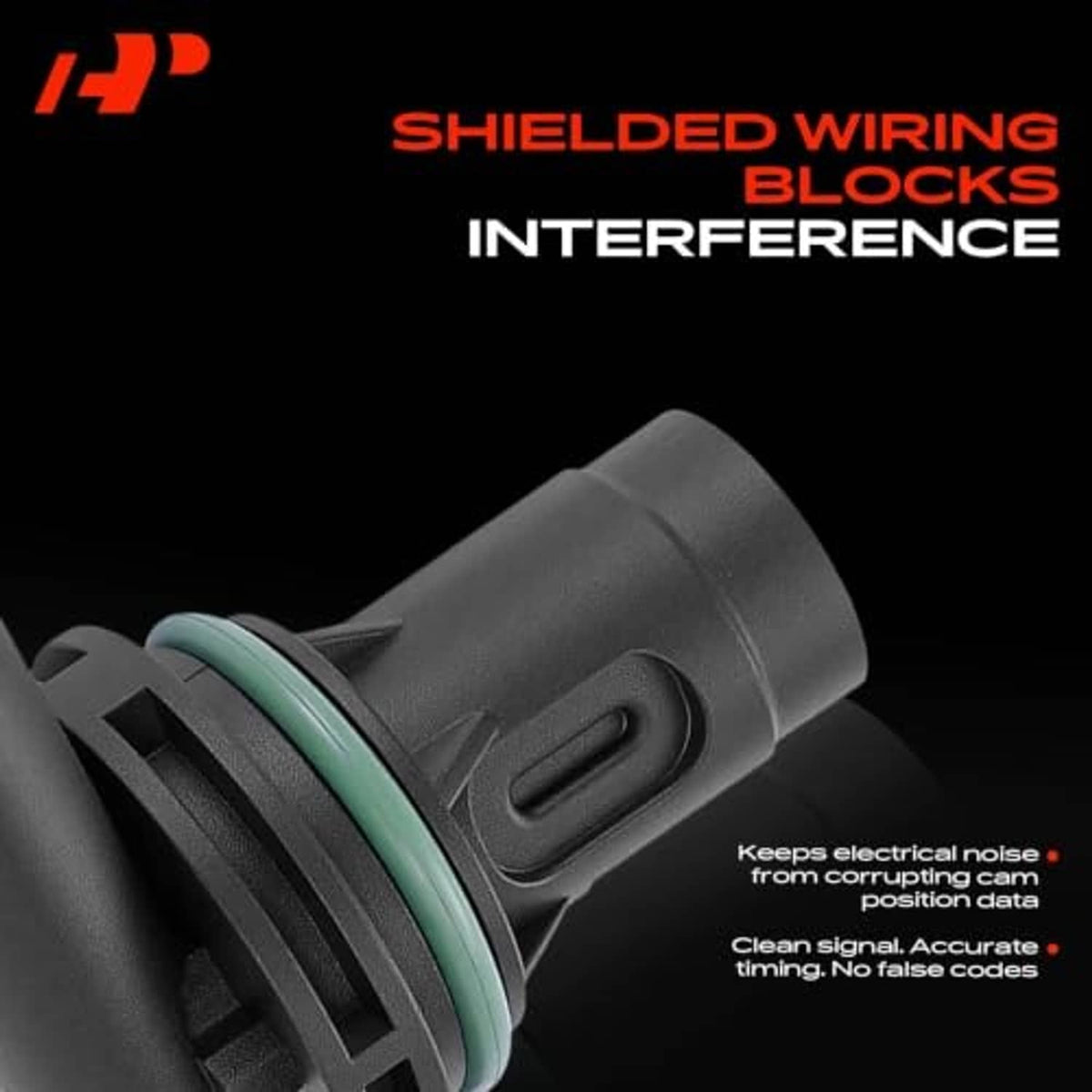 Camshaft position sensor end view with shielded wiring blocks and green ring seal