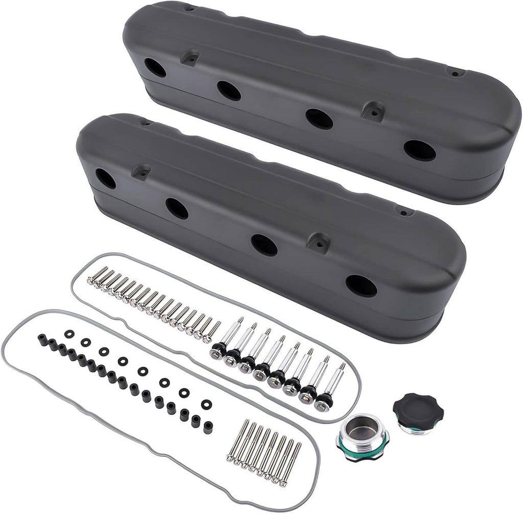 Black coil-mount valve covers with mounting bolts, spacers, and oil caps, accessories