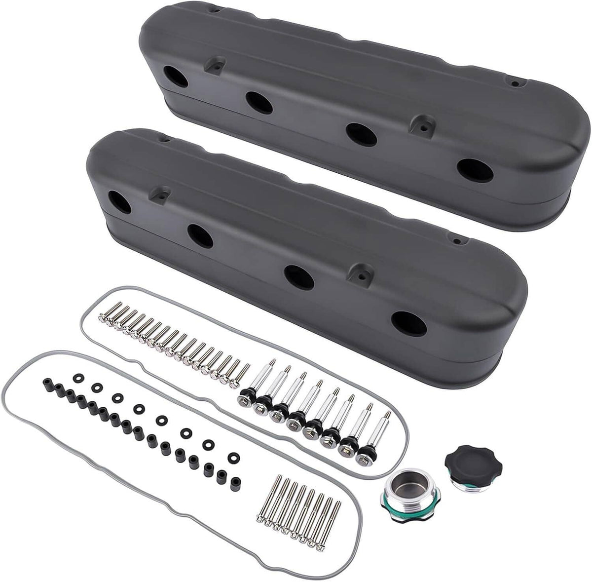 Black coil-mount valve covers with mounting bolts, spacers, and oil caps, accessories