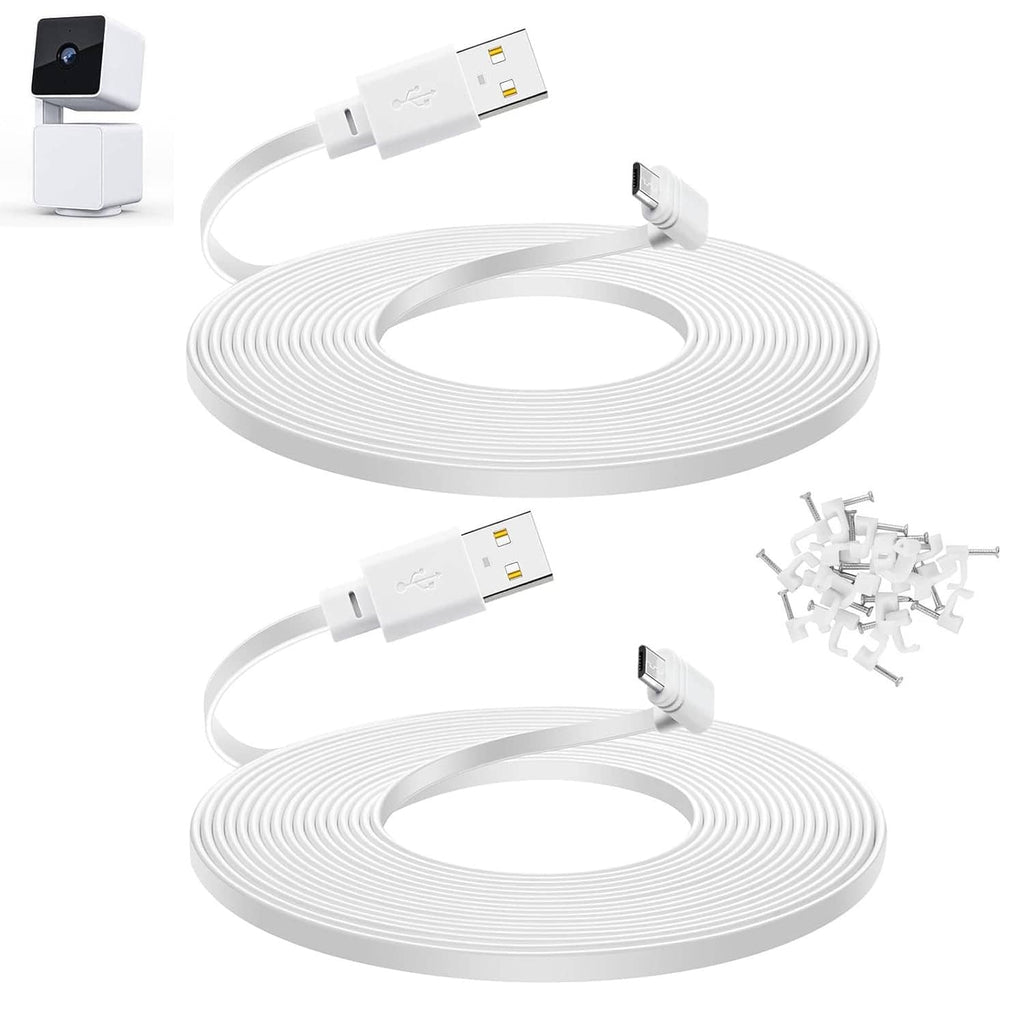White 10 ft micro USB power cable with USB plug and mounting accessories, coiled