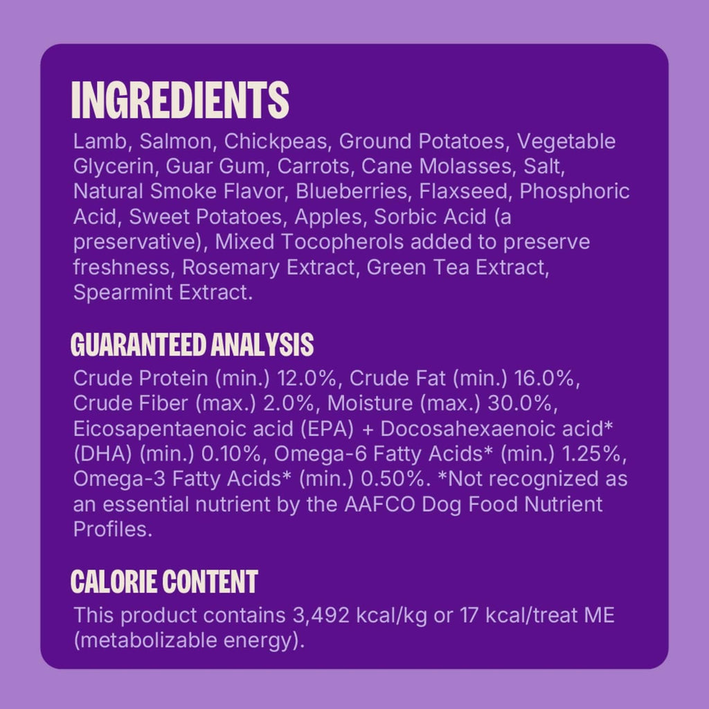 Dog treat package back panel with ingredients and guaranteed analysis text