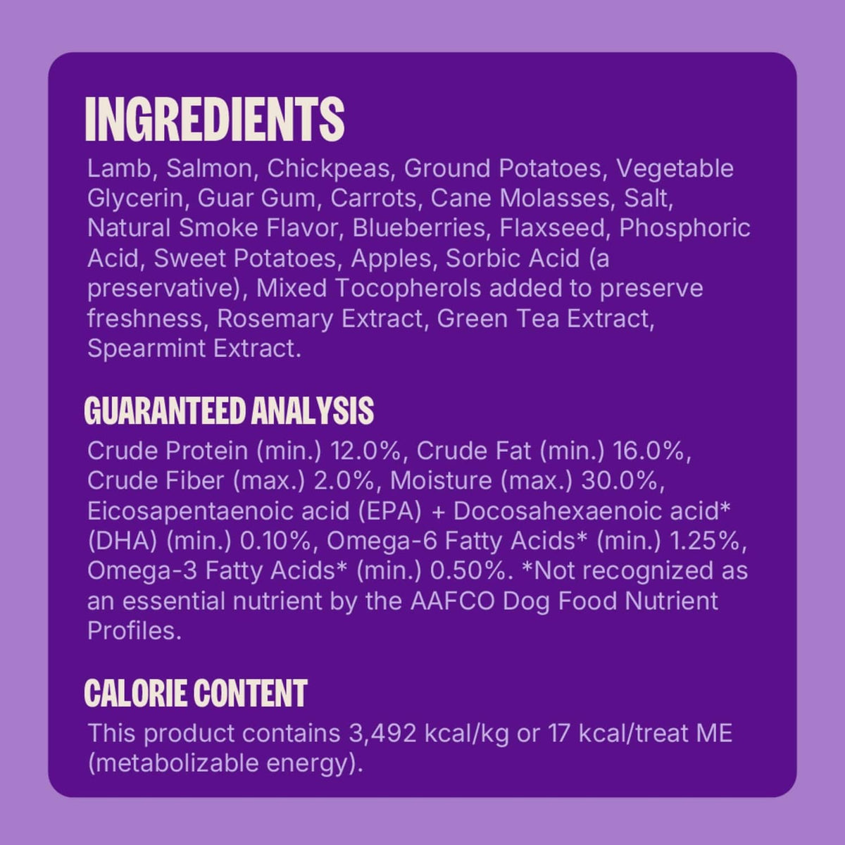 Dog treat package back panel with ingredients and guaranteed analysis text