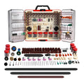 Rotary tool accessories kit with open hard case of grinding, sanding and cutting bits