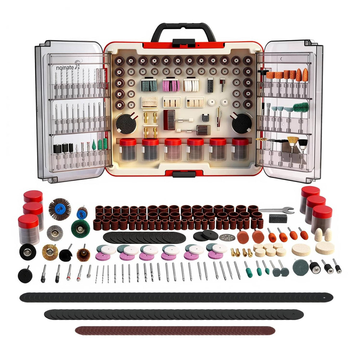 Rotary tool accessories kit with open hard case of grinding, sanding and cutting bits
