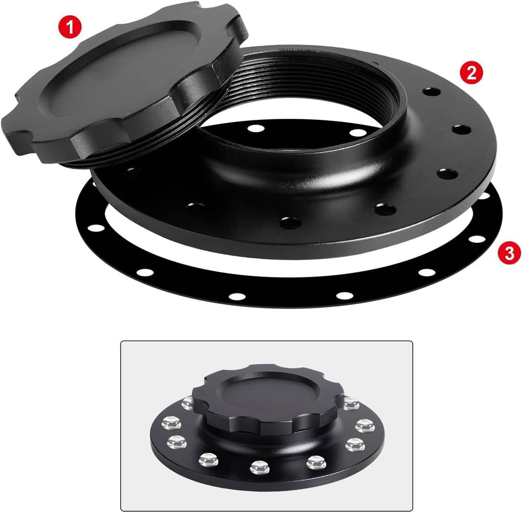 Black aluminum fuel cell cap with 12 bolt holes and easy-fill bung opening