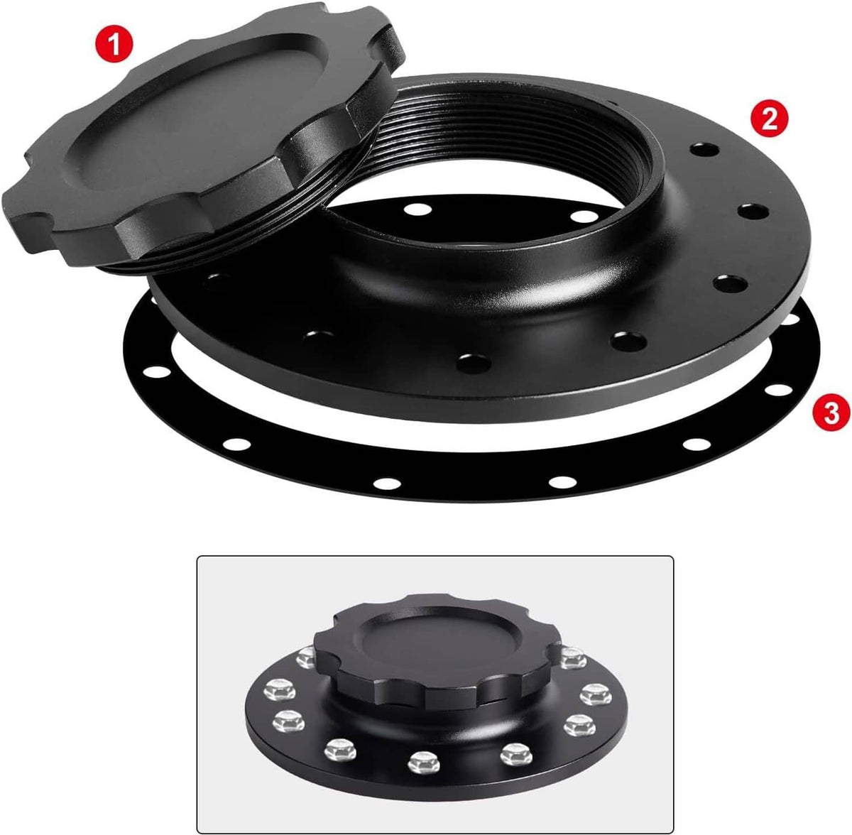 Black aluminum fuel cell cap with 12 bolt holes and easy-fill bung opening
