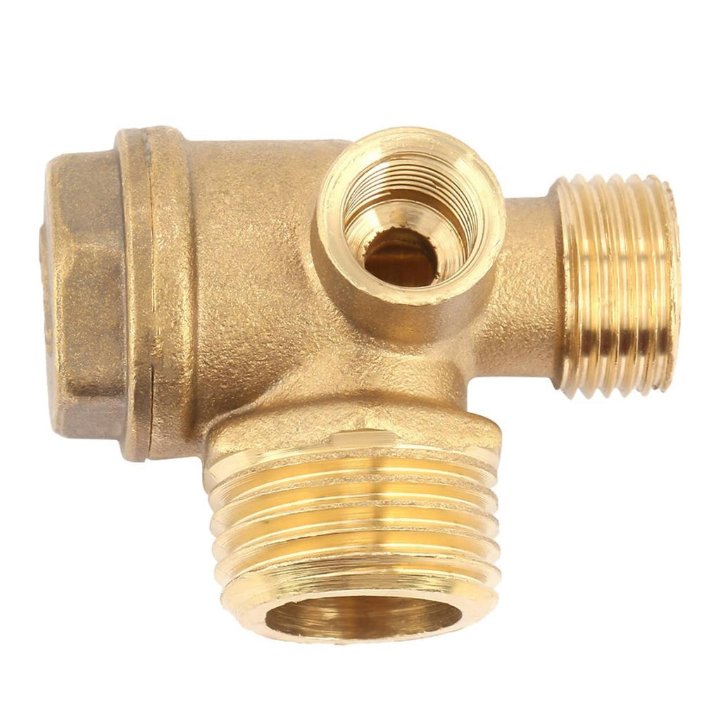 Brass air compressor check valve with central and side male threads, compact body