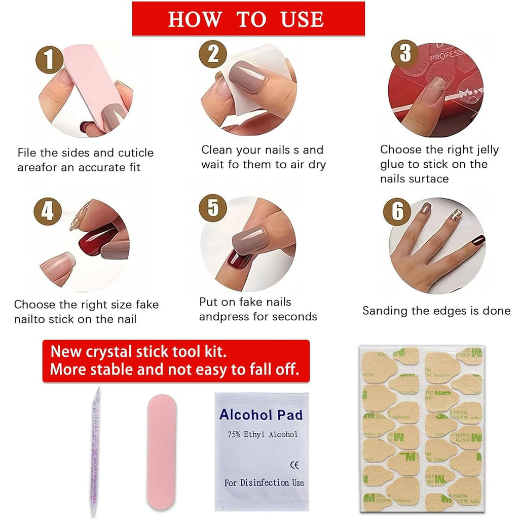 Nail application guide showing press-on nail steps and included tools for prep and fit