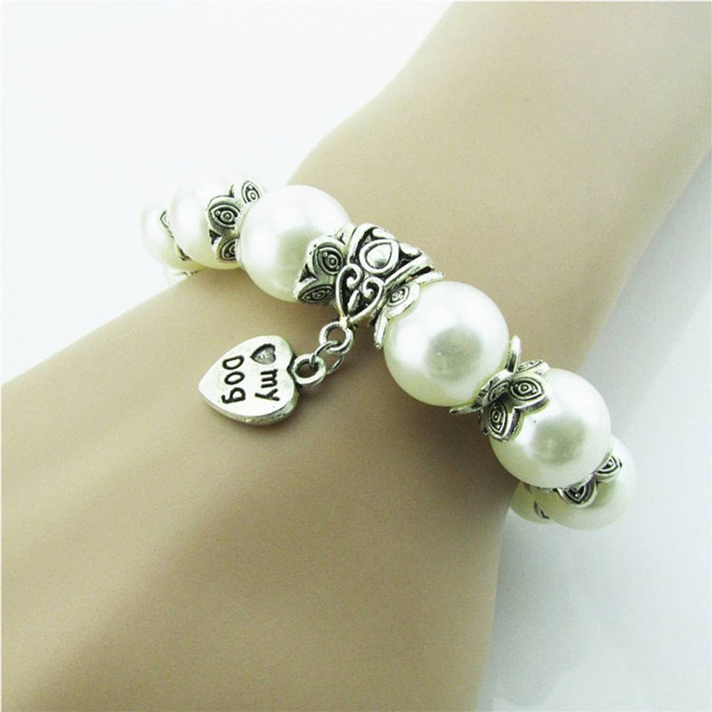 Silver heart bail connector on white bead bracelet, charm loop for stringing