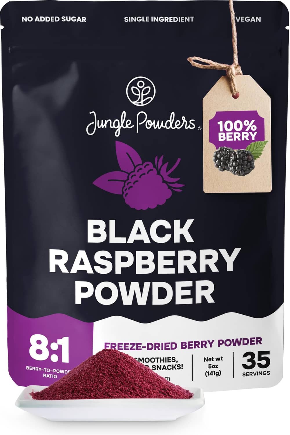 Freeze-dried black raspberry powder bag with berry-shaped hang tag