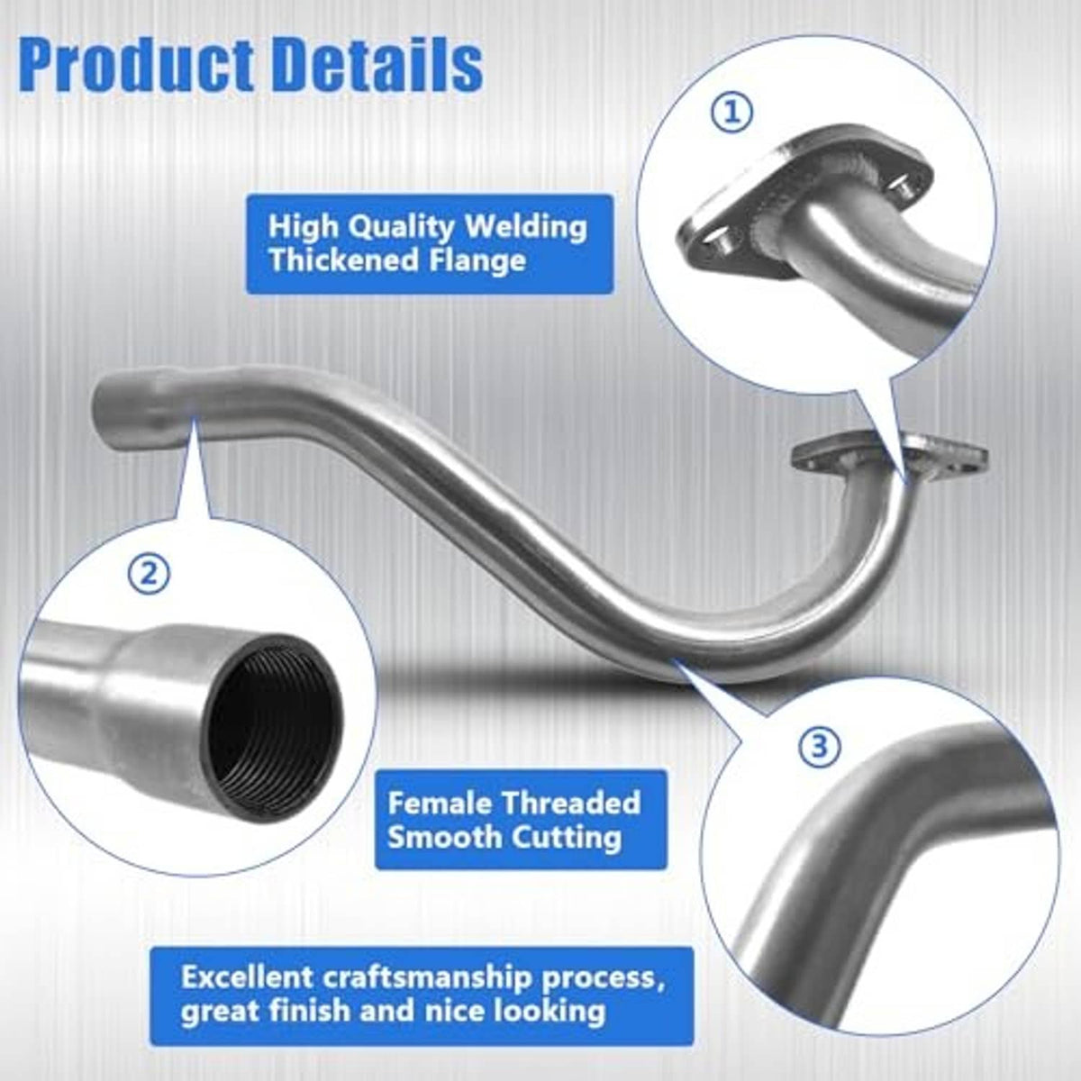 Silver exhaust header pipe and threaded flange detail for muffler installation