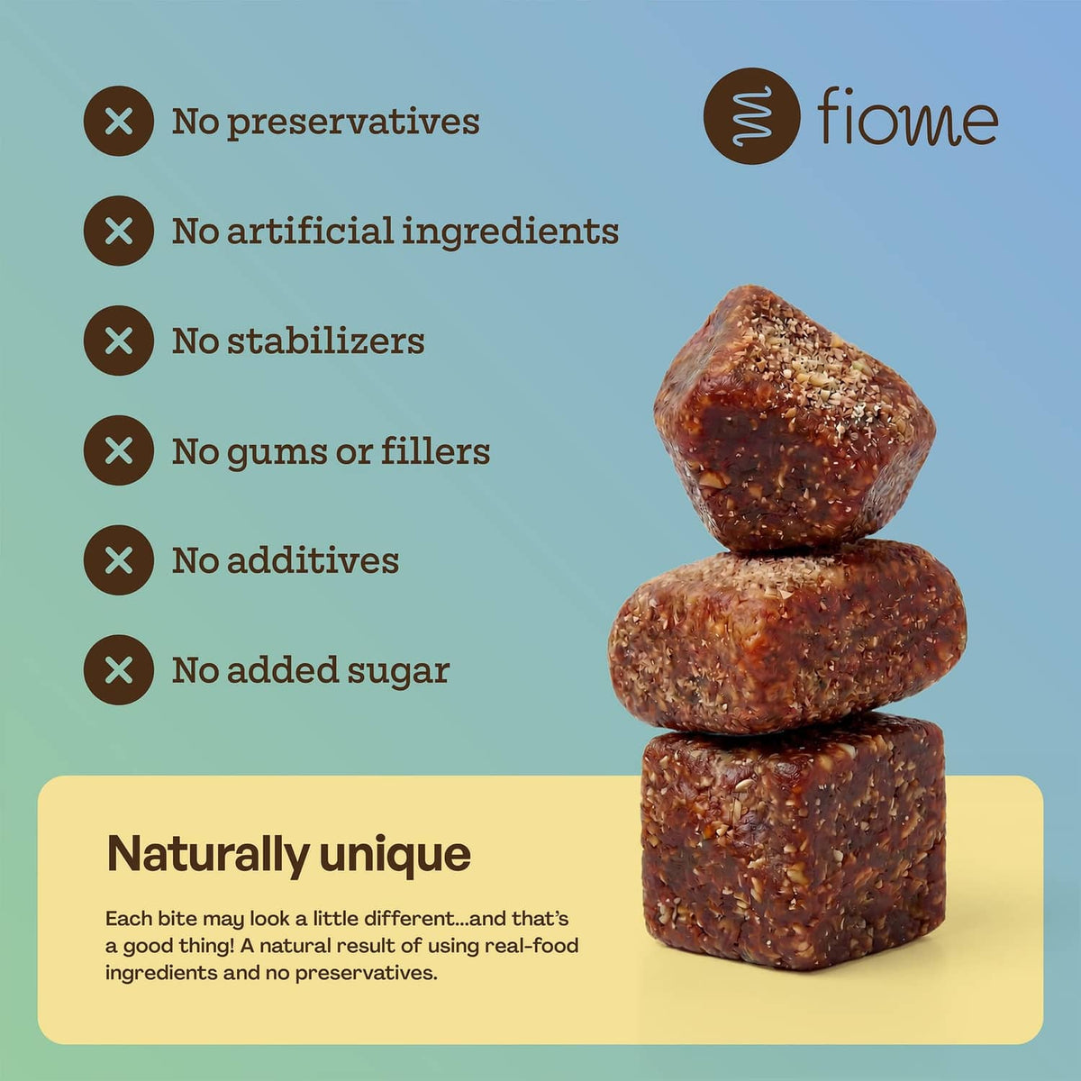 Stacked dark chocolate FiberBites with label callouts like no added sugar