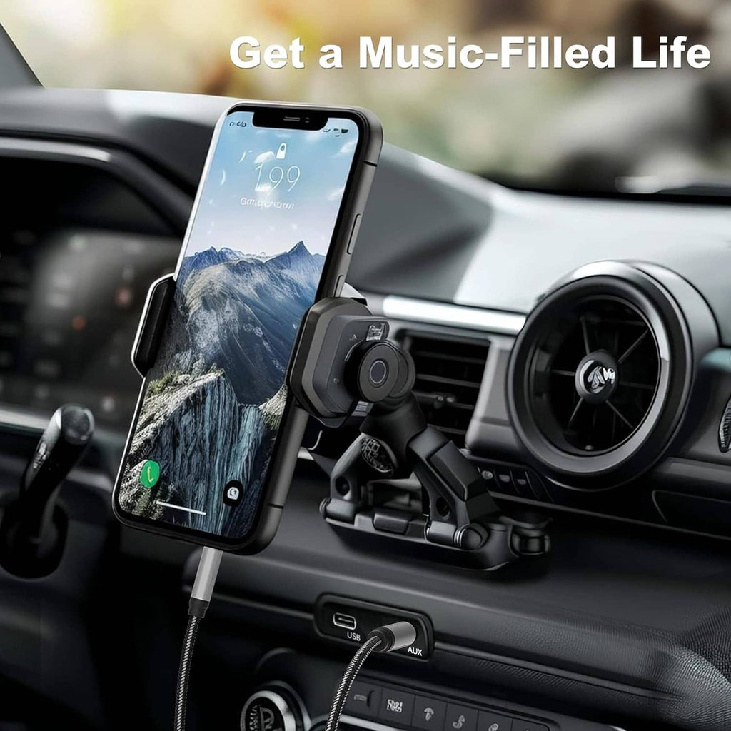 3.5mm audio aux cable connected to a smartphone in a car dashboard setup