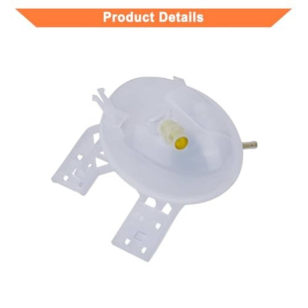 Round coolant reservoir tank with black cap and yellowish connector nipple, side tabs