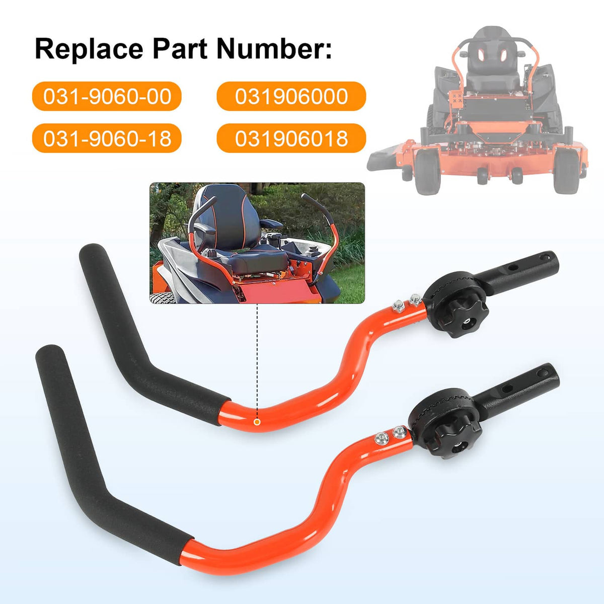 Black mounting end pieces on orange steering arms for a mower steering kit