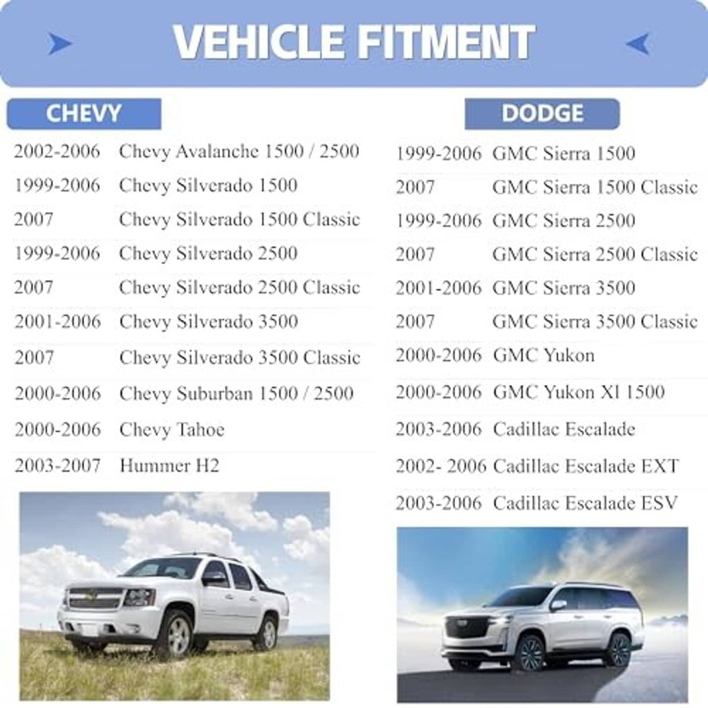 Vehicle fitment chart listing compatible Chevrolet and Dodge models