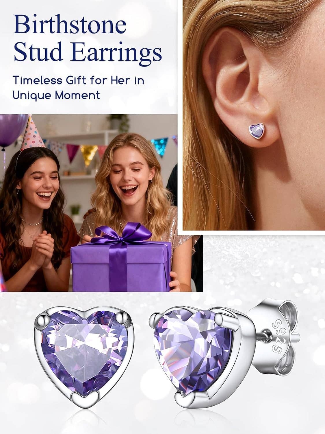 Sterling silver purple heart stud earrings, close view of gemstone and back