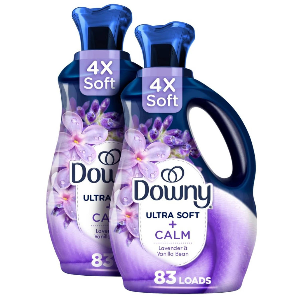 Downy Ultra Soft fabric softener liquid bottles with navy-blue and purple floral labels
