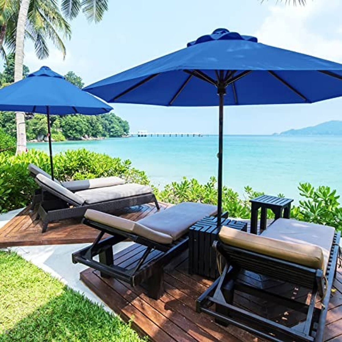 Outdoor patio umbrella with navy blue 8-rib canopy replacement and hanging side cover